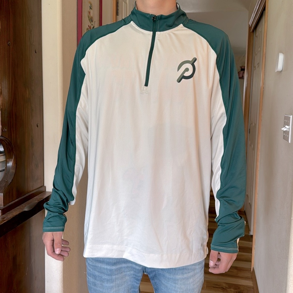 Peloton White and Teal Long Sleeve Quarter-Zip Performance Top